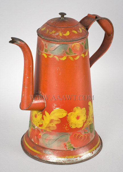 Red Tole Coffeepot, Gooseneck Spout, Lighthouse Form, Domed Lid
Attributed to the Harvey Filley Tin Shop (1818 to 1853), entire view